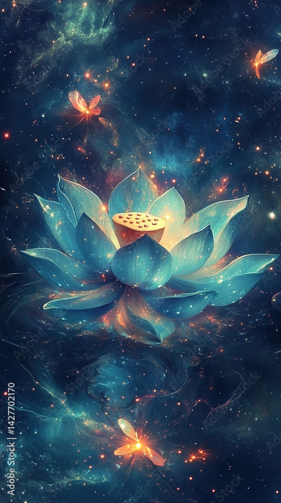 Stylized lotus flower illustration with cosmic background in shades of blue and orange. Stylized lotus flower illustration with cosmic background in shades of blue and orange.