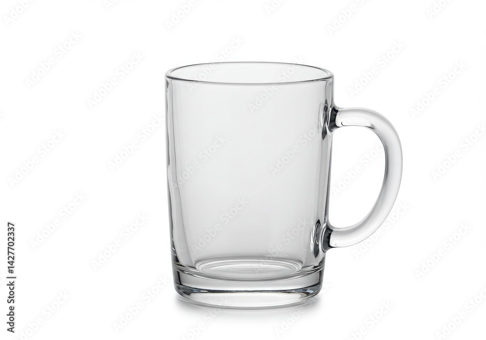 A clear glass mug with a handle on a white background in a studio setting with soft lighting A clear glass mug with a handle on a white background in a studio setting with soft lighting