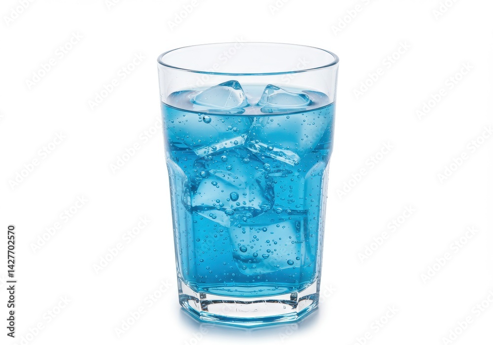 A glass filled with blue liquid and ice cubes on a white background in a studio shot close up view A glass filled with blue liquid and ice cubes on a white background in a studio shot close up view