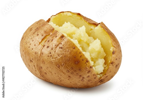 A baked potato with the skin cut open and the inside fluffed up on a white background in studio light photo