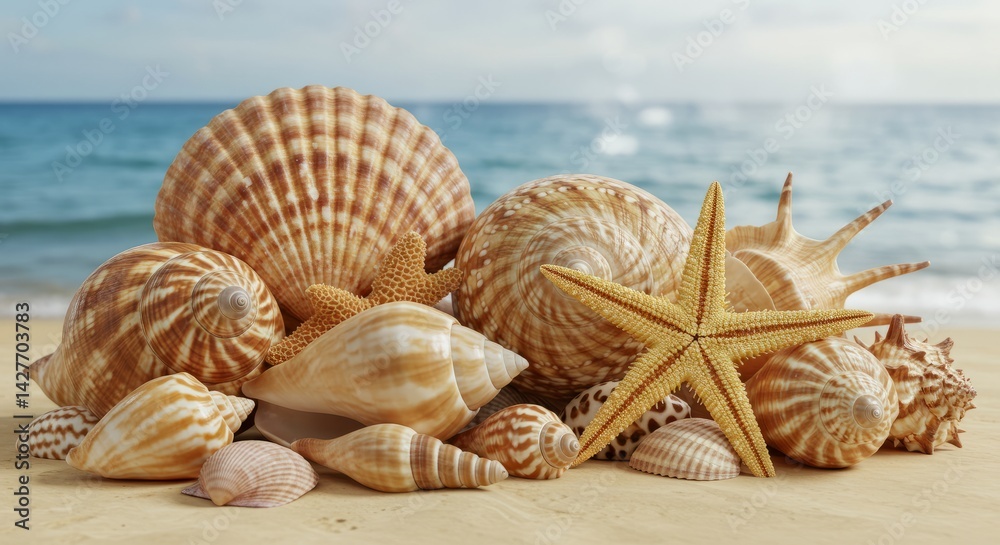 Seashells and Starfish on Sandy Beach Seashells and Starfish on Sandy Beach