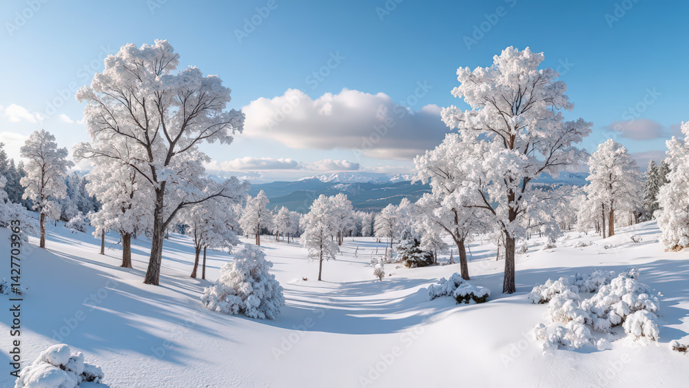 Fototapeta premium Majestic Winter Wonderland Featuring Snow-Capped Trees in a Tranquil Forest Scene Against a Vibrant Blue Sky – Nature's Beauty Captured in Perfect Harmony, Snow Covered Trees In Winter Landscape