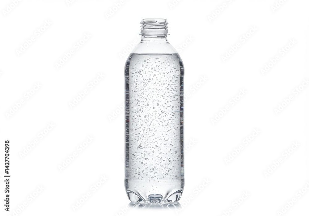 A clear plastic bottle filled with sparkling water and bubbles on a plain white background studio shot A clear plastic bottle filled with sparkling water and bubbles on a plain white background studio shot