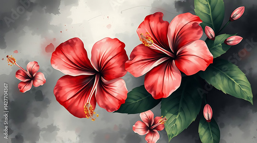 A transparent background with an abstract blue hibiscus, monstera, tropical foliage, and painted in watercolor. A vector frame with tropical plants