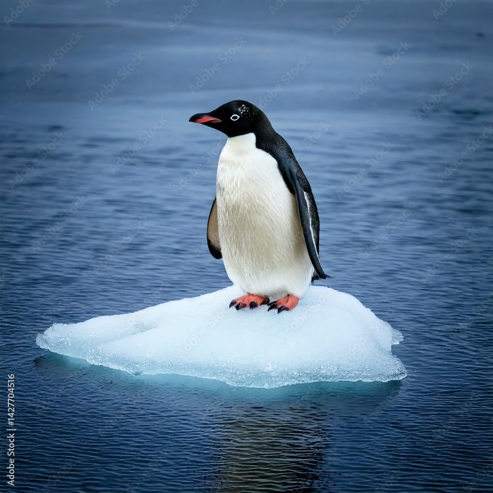 Fototapeta premium Single penguin on a piece of ice in the ocean.