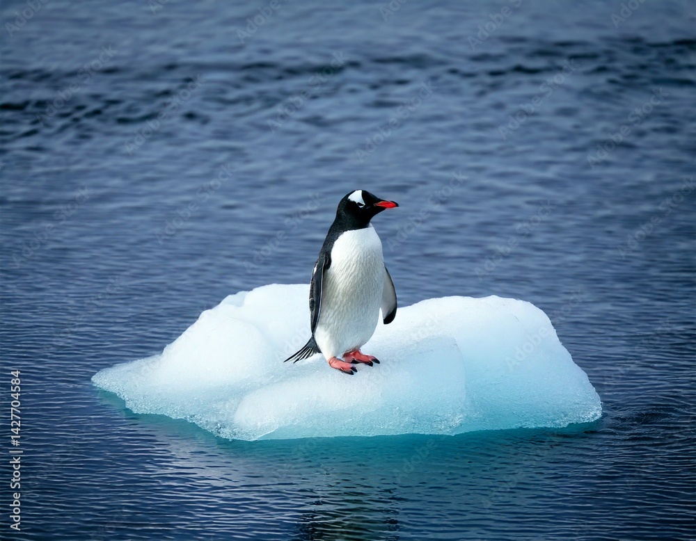Obraz premium Single penguin on a piece of ice in the ocean.