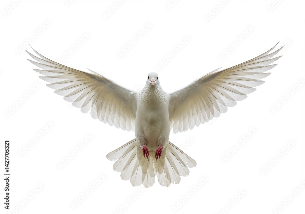 A white dove with outstretched wings against a bright white background looking directly at the camera A white dove with outstretched wings against a bright white background looking directly at the camera
