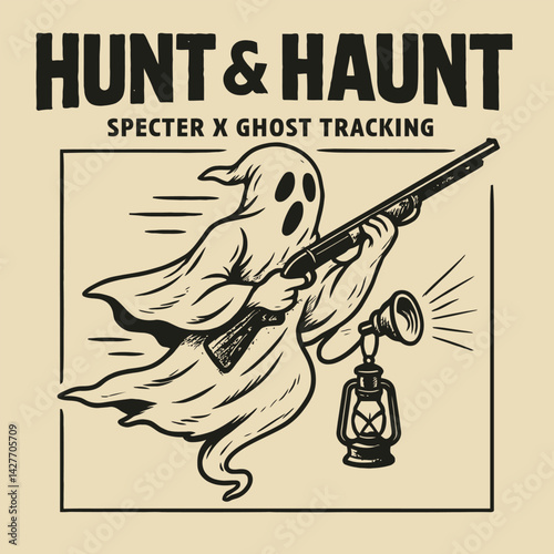 Ghost Hunting with Shotgun and Lantern in Vintage Graphic Style