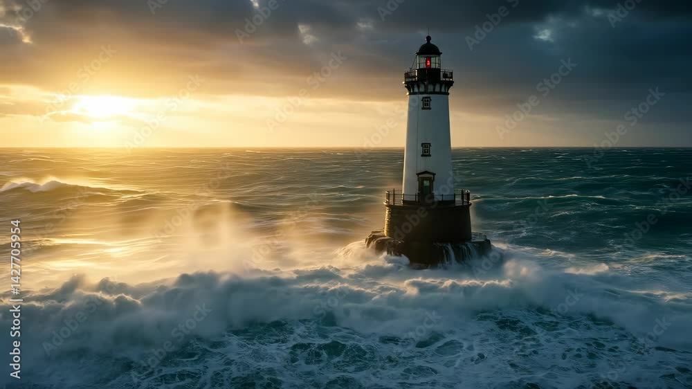 Lighthouse guiding through stormy waves at sunset  