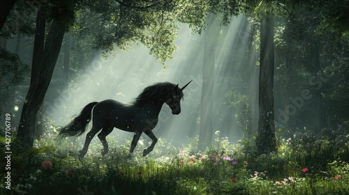 A majestic black unicorn with a long, flowing mane and tail strides gracefully through a sunlit forest