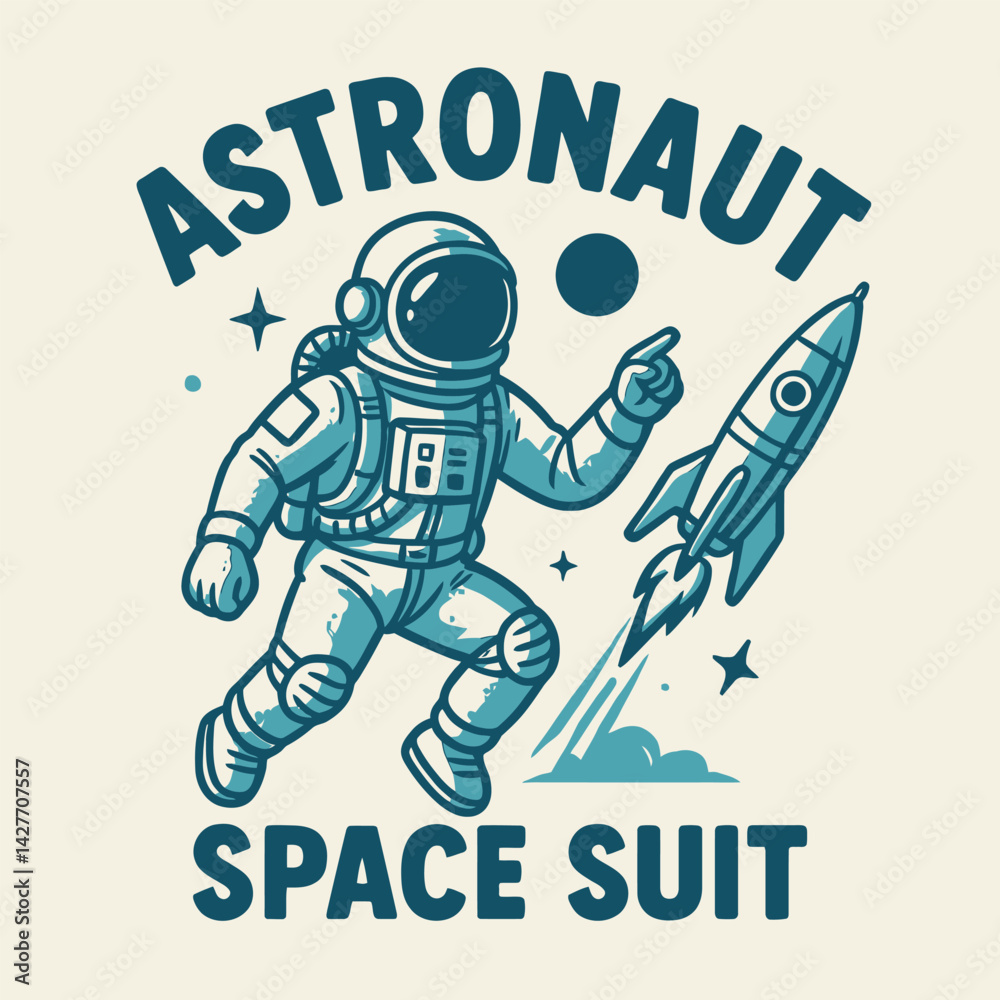 Fototapeta premium Astronaut in Space Suit Reaching for Rocket Graphic Illustration