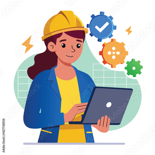 female engineer checks the program and discovers an error. Hand drawn style vector design illustrations vector