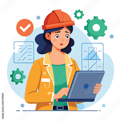 female engineer checks the program and discovers an error. Hand drawn style vector design illustrations vector