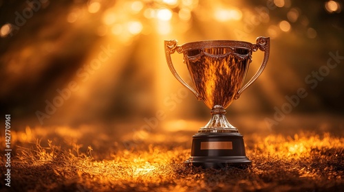 shining trophy award celebrating victory in golden sunset light in forest setting