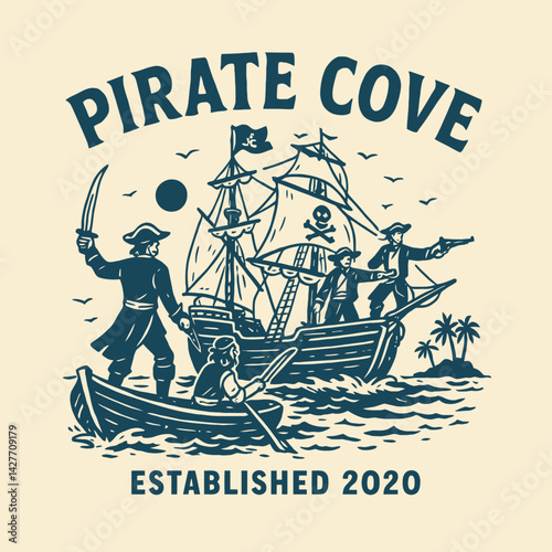 Pirate Adventure Scene with Ship, Rowboat, and Treasure Island Concept