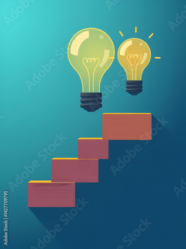 Light bulb with ascending steps, representing gradual growth through ideas, flat design illustration