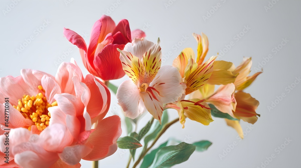 Naklejka premium Floral Bouquet with Pink Tulips and Yellow Alstroemeria on a Soft Background