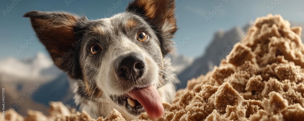Hungry dog in dry foods mound licking meal concept. A playful dog enjoying the sun and sand outdoors.