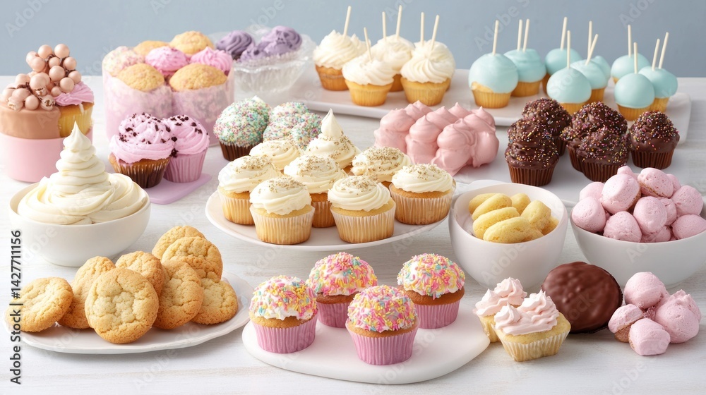 Colorful Dessert Buffet on White Table Colorful Dessert Buffet on White Table