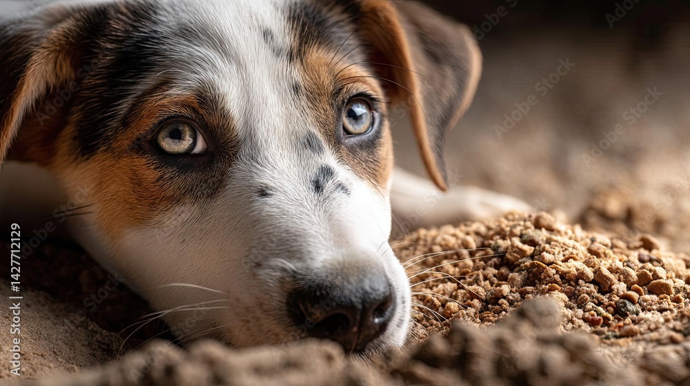 Hungry dog in dry foods mound craving nourishment concept. Close-up of a curious dog resting on the ground, looking thoughtful.
