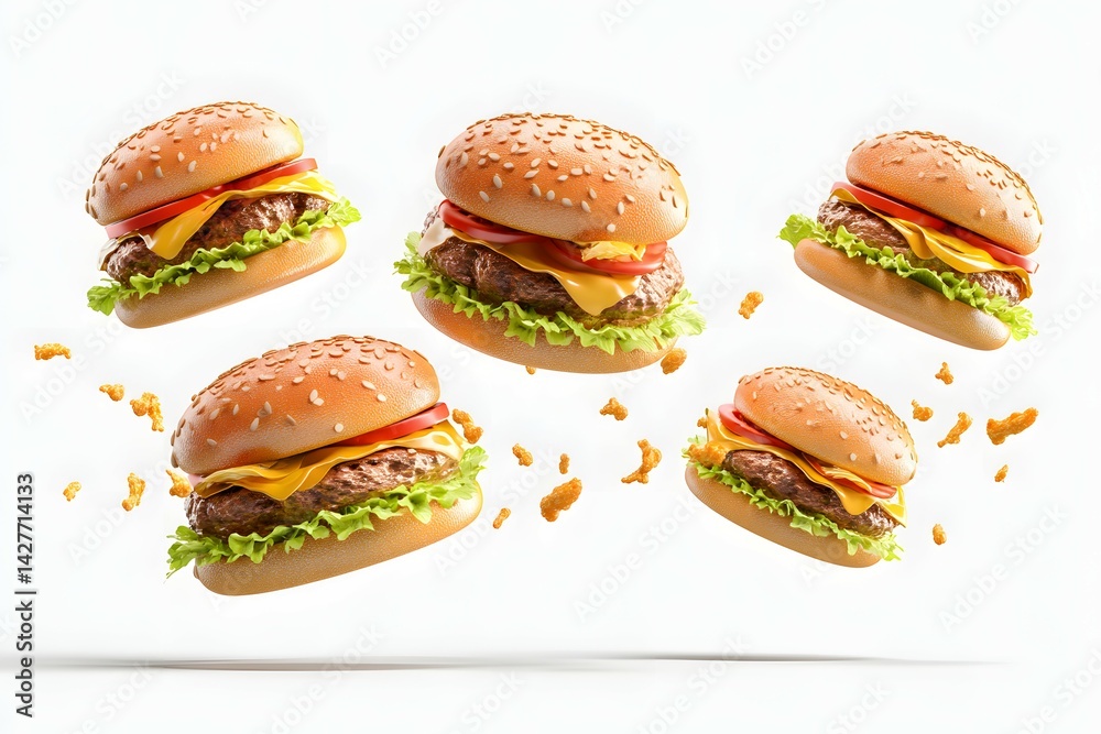 Floating Cheeseburgers With Lettuce, Tomato, Cheese on White Background; Food Still life Floating Cheeseburgers With Lettuce, Tomato, Cheese on White Background; Food Still life