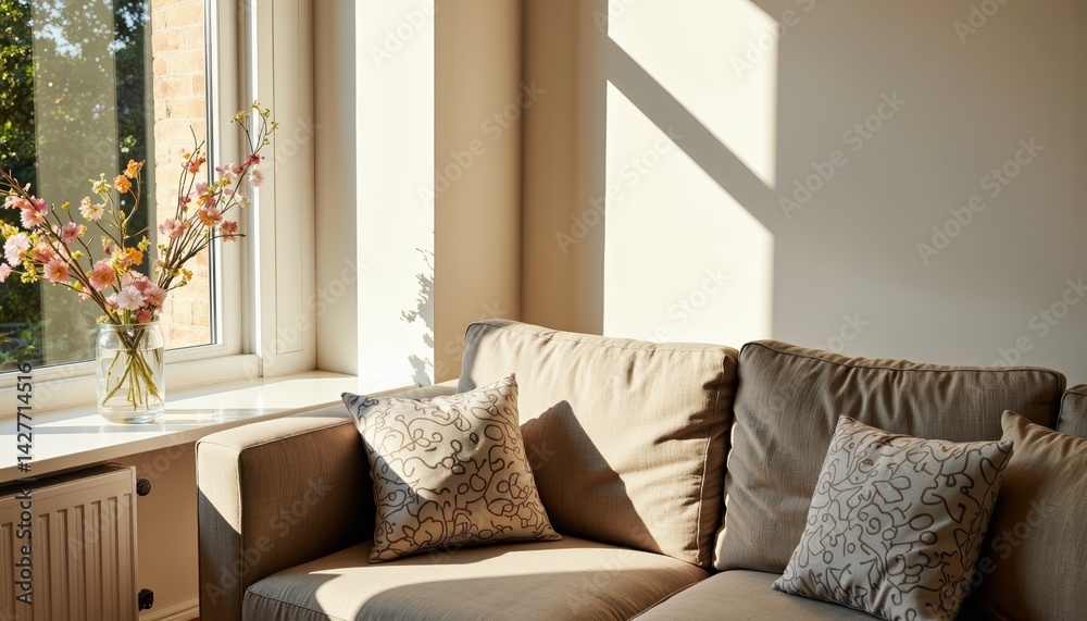 Naklejka premium Cozy living room with sunlight and decorative flower vase 