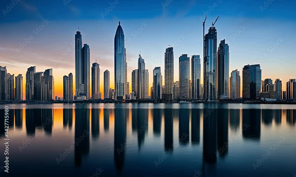 Skyline reflects in calm water with orange and blue sky hues, capturing urban beauty Skyline reflects in calm water with orange and blue sky hues, capturing urban beauty