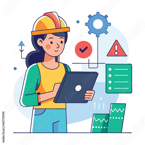 female engineer checks the program and discovers an error. Hand drawn style vector design illustrations vector