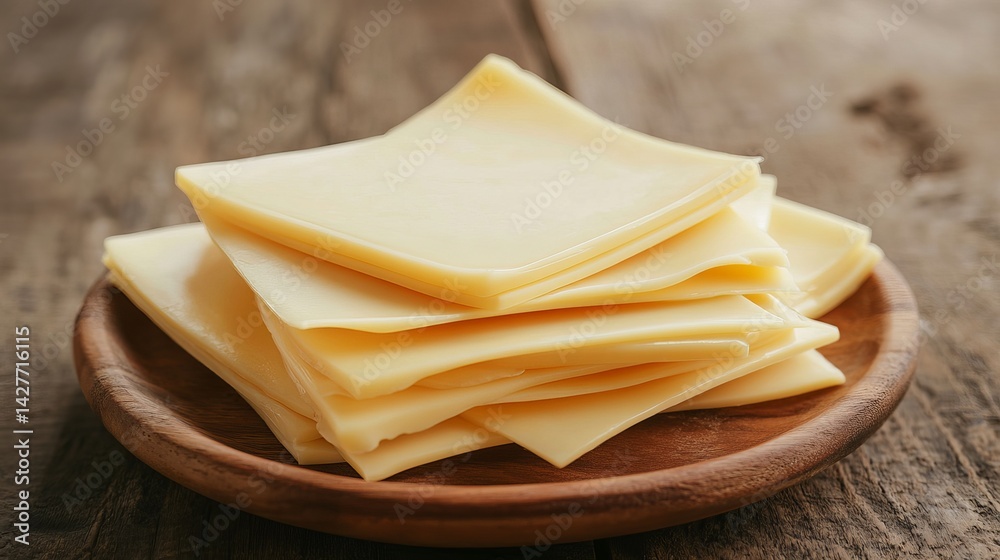 Stack of delicious creamy yellow cheese slices on wooden plate food meal diet jack edam dairy snack Stack of delicious creamy yellow cheese slices on wooden plate food meal diet jack edam dairy snack