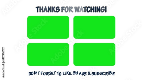 Outro Animation End Screen channel templates for social media Content Creator. Thanks for watching and reminder for subscribe, likes, comments and share. Chroma key. Green screen placeholders.