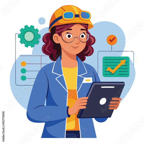 female engineer checks the program and discovers an error. Hand drawn style vector design illustrations vector