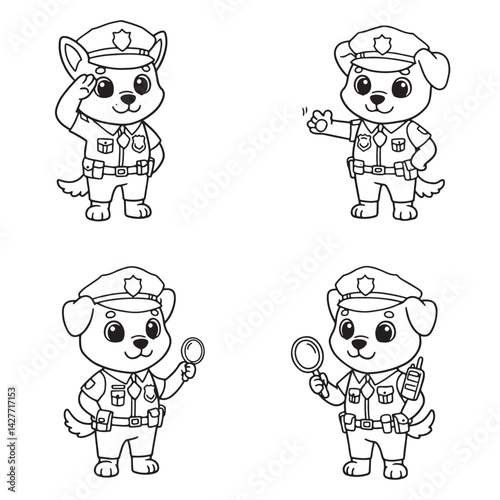 Cartoon Dog Police Officer Characters in Different Poses Ready to Catch the Bad Guys