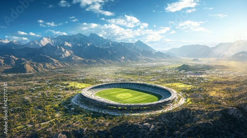 Spectacular birdseye view of a stadium surrounded by majestic mountains outdoor event scenic landscape