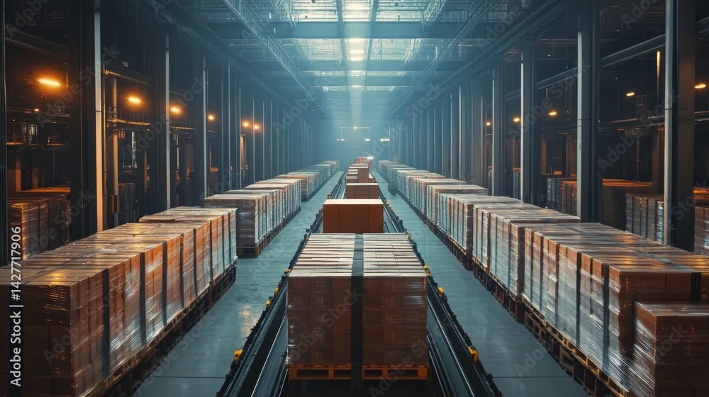 Obraz premium Optimizing cargo warehouse operations with high-tech inventory management solutions enhancing efficiency in modern logistics environments