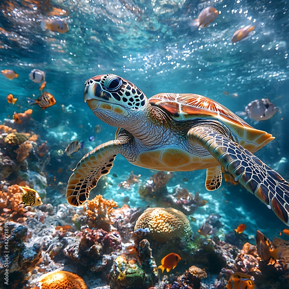 Clear water scene with sea turtle and colorful coral photo Clear water scene with sea turtle and colorful coral photo