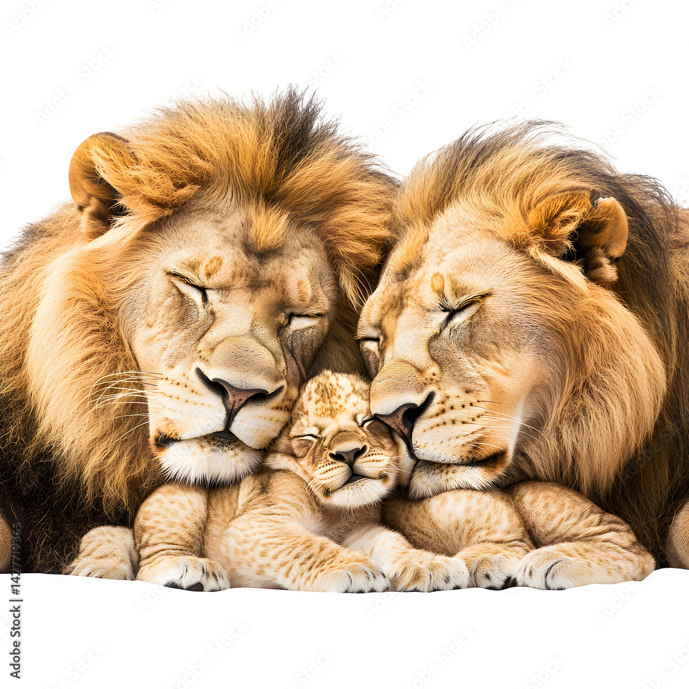 Fototapeta premium A heartwarming lion family cuddles showcasing deep parental love and tender on transparent background