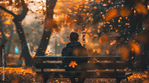 Lonely figure sitting on park bench with falling autumn leaves, solitude and sadness concept, melancholic mood and emotional isolation theme.