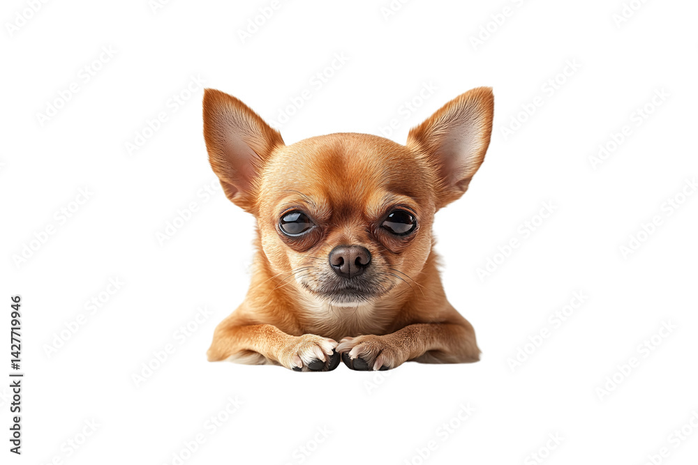 A tiny tan Chihuahua lies down, paws crossed, staring seriously with oversized, soulful eyes and perky ears, isolated on a transparent background A tiny tan Chihuahua lies down, paws crossed, staring seriously with oversized, soulful eyes and perky ears, isolated on a transparent background