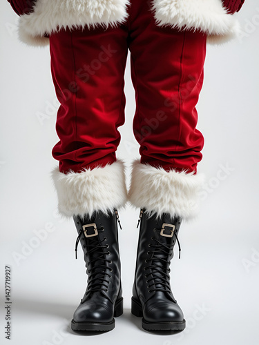 A close-up view of Santa Claus's legs dressed in traditional red trousers trimmed with white fur, standing against a pristine white background. Black leather boots with silver buckles are prominently