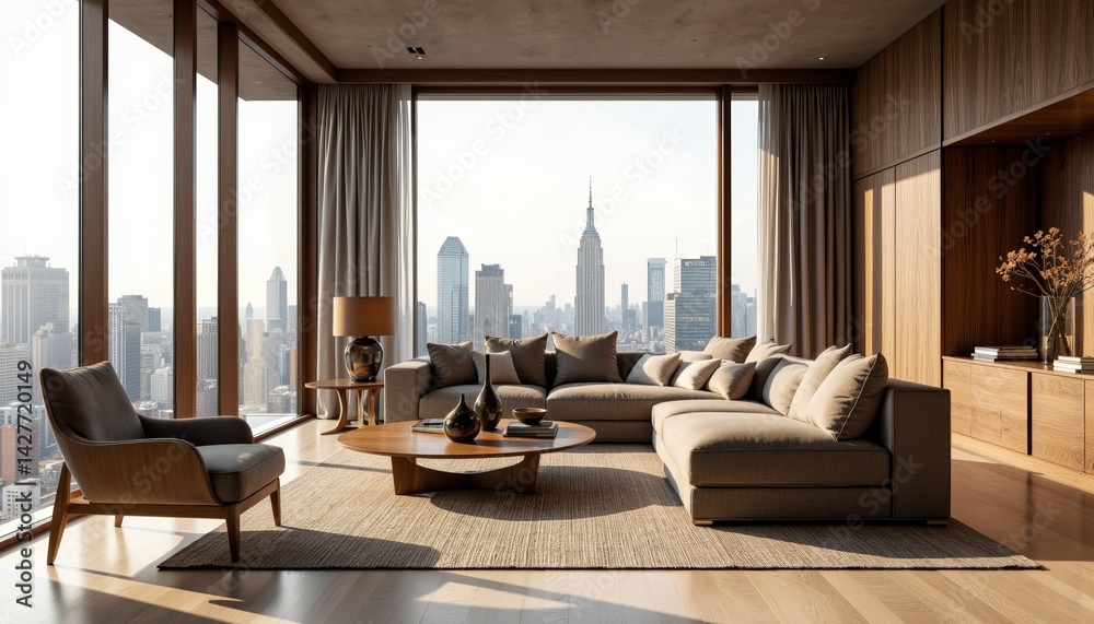 Fototapeta premium Modern living room with scenic city view at sunset