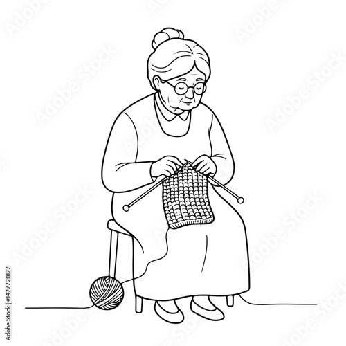 Elderly woman knitting a cozy scarf at home  