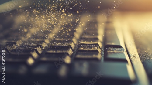 Inspecting a dusty computer keyboard office desk photography close-up view particles visible for dust analysis