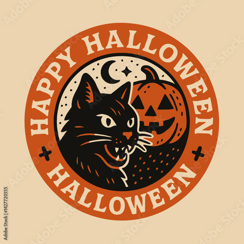 Black Cat with Pumpkin Illustration for Happy Halloween Celebration Graphic