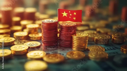 Stacks of Gold and Red Coins with a Chinese Flag