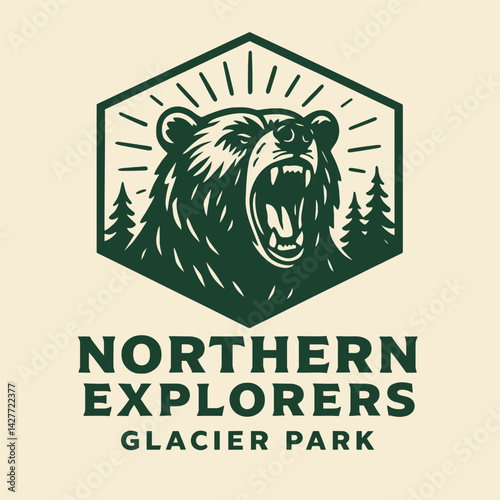 Illustrated Roaring Bear Graphic in Geometric Frame with Pine Trees
