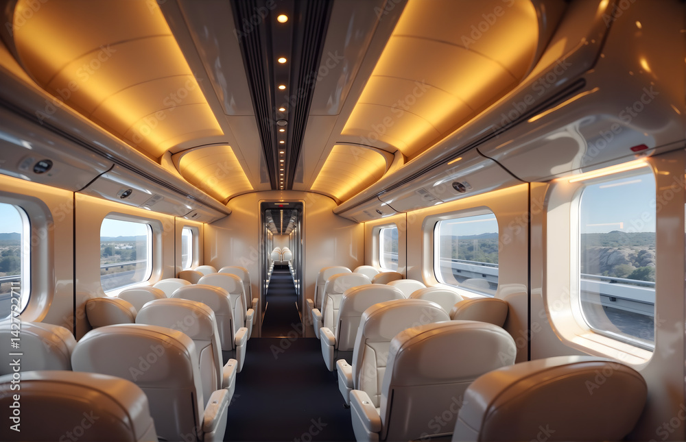 Fototapeta premium Interior of a Modern Train Carriage with Comfortable Seating and Scenic Views