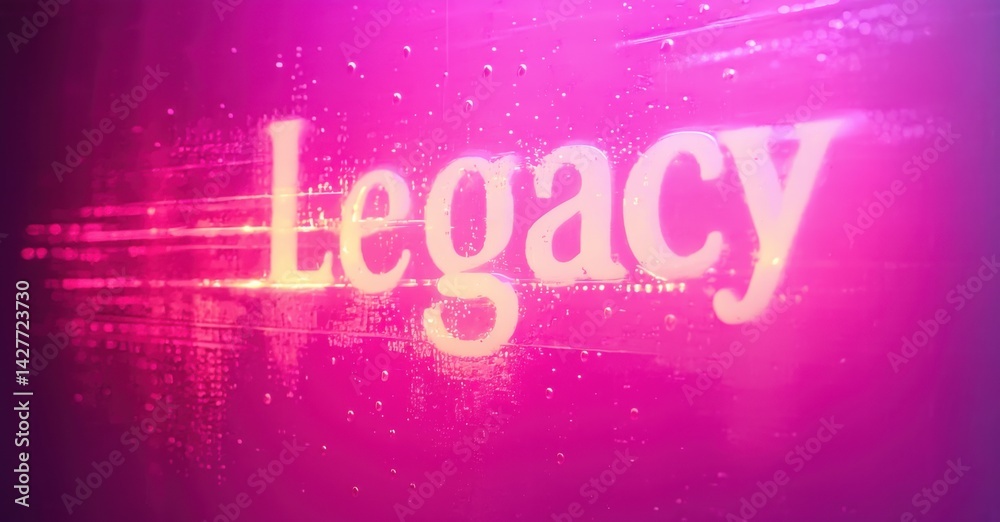 Bright pink background features word Legacy in glowing yellow font. Light streaks radiate from central text. Dramatic, vibrant presentation. Bright pink background features word Legacy in glowing yellow font. Light streaks radiate from central text. Dramatic, vibrant presentation.