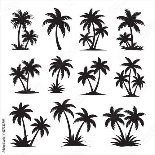 Tropical palm trees set silhouettes