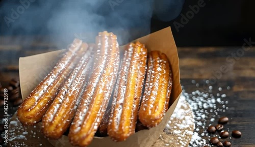 Freshly made churros dusted with powdered sugar in a rustic setting with coffee beans