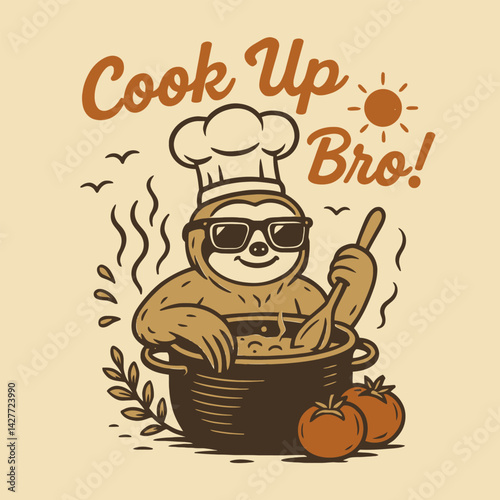 Sloth Chef Cooking Food in Pot with Tomatoes Illustration